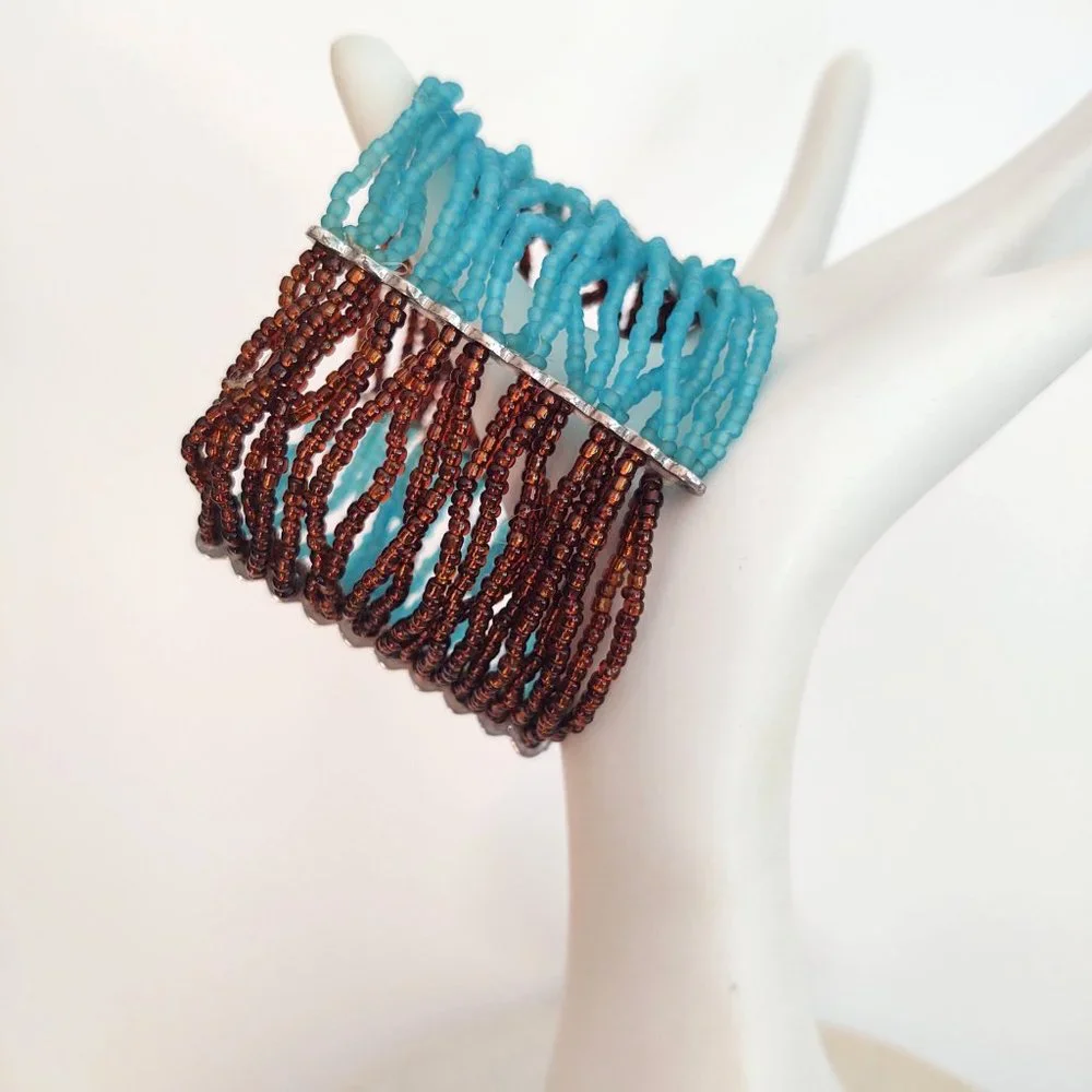Blue and brown seed bead wide stretch bracelet